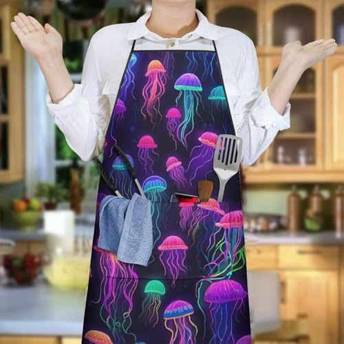 Apron with 2 Pockets,Kitchen Chef Artist Aprons for Cooking Gardening Baking Painting, Waterproof Apron 33" x 27" - color: Jellyfish