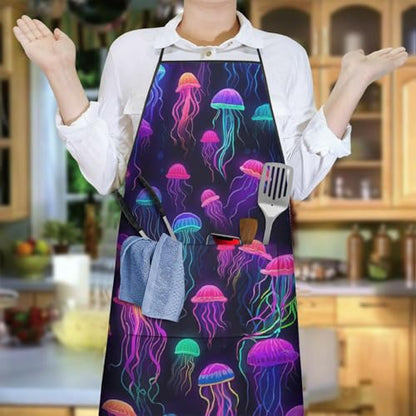 Apron with 2 Pockets,Kitchen Chef Artist Aprons for Cooking Gardening Baking Painting, Waterproof Apron 33" x 27" - color: Jellyfish