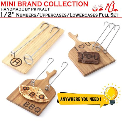 62Pcs 1/2" Custom Branding Iron for Wood, Leather Branding Stamp | Mini Wood Branding Iron on Letters Personalized, Number/Alphabet/Leather Burning Stamps Woodworking Kit for Hats, Steak, Food - size: 62PCS 1/2" Number/Uppercase&Lowercase Letters Set