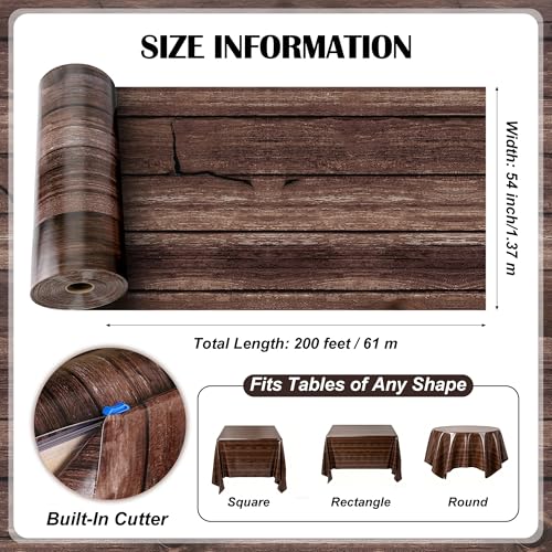 200FT x 54IN Wood Grain Plastic Tablecloth Roll with Slide Cutter Box | Heavy Duty Disposable Rustic Picnic Table Cover & Wall Backdrop, Cut-to-size for Western Party, Bulletin Board Backdrop - color: Wood Grain, size: 2400" x 54" (Rectangular)