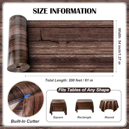 200FT x 54IN Wood Grain Plastic Tablecloth Roll with Slide Cutter Box | Heavy Duty Disposable Rustic Picnic Table Cover & Wall Backdrop, Cut-to-size for Western Party, Bulletin Board Backdrop - color: Wood Grain, size: 2400" x 54" (Rectangular)