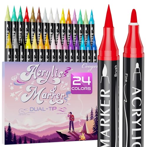 24 Colors Dual Tip Acrylic Paint Markers,Fine Tip and Brush Tip Permanent Acrylic Paint Pens For Rock Painting, Canvas, Wood, Glass, Ceramic, Fabric, Plastic, Egg, Scrapbook,Art Painting Supplies Kit - color: 24 Colors