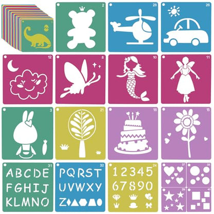 48PCS Stencils for Kids, 8" Sidewalk Chalk Stencils for Painting Kids Style | Geometric Letter Number Themed Primary Shape Template for Kids, Large Reusable Stencils for Drawing Outside, Crafts Painting