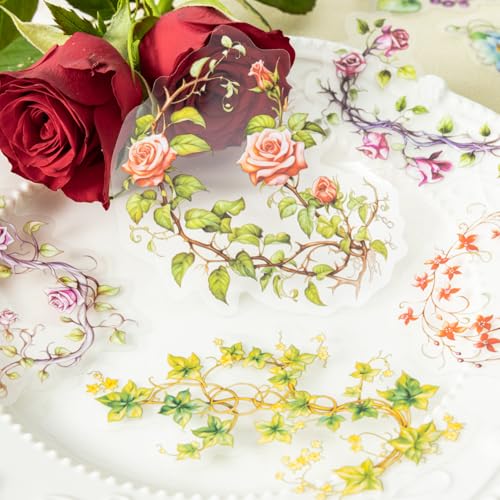 120 Pcs Floral Vine PET Stickers for Scrapbooking | Large cascading botanical designs for journaling, junk journals, collage, planners, card making, and DIY crafts - color: Climbing Blooms
