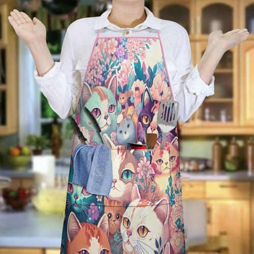 Apron with 2 Pockets,Kitchen Chef Artist Aprons for Cooking Gardening Baking Painting, Waterproof Apron 33" x 27" - color: Cat