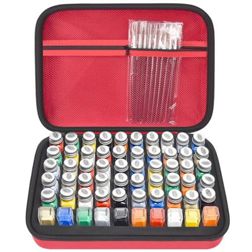 Model Paint Storage Case for Testors, Holds 60 Bottles, Paints Not Included | 9 Detail Brushes Included, Hard Shell Carrying Bag, Foam Slots, for Model Builders, Miniature Painters, Home Travel Use, Red - color: Red