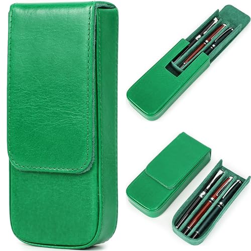 Top Grain Genuine Leather 3 Pen/Pencil Tray Case Holder, Minimalist Fashion Design, Handmade, Magnetic Closing with Drawer Design, Gift Choice for Man/Woman/Office, Glossy Green, 3 Slots - color: Glossy Green, size: 3 Slots -【Magnetic Closure】