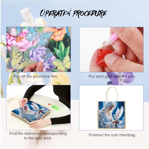 JZHYOAN Diamond Painting Canvas Tote Bags, DIY Diomand Art Tote Bags Kits for Adults, Reusable Grocery Shopping Hand Storage Bag with Handles, Portable Book Storage for Family School Woman Man