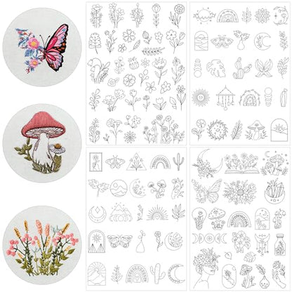 Water Soluble Stabilizer Embroidery Paper - Stick and Stitch Embroidery Paper Wash Away, 4 Sheet PCS Embroidery Pattern, Boho Butterfly Flower Sun Moon Designs, Hand Sewing Crafts - style: boho 1304