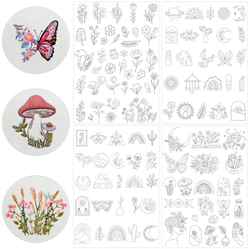 Water Soluble Stabilizer Embroidery Paper - Stick and Stitch Embroidery Paper Wash Away, 4 Sheet PCS Embroidery Pattern, Boho Butterfly Flower Sun Moon Designs, Hand Sewing Crafts - style: boho 1304