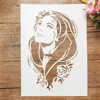 TIAMECH A4 Reusable Woman Long Flowing Hair Stencil for Painting | Rose Foliage Layering Template, DIY Wall Art, Wood Furniture, Scrapbook & Crafts (8.3x11.7inch) - style: Woman Long Flowing Hair