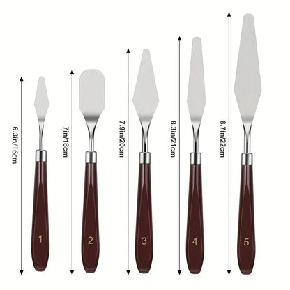 PUFUAII 5 PCS Painting Knives Stainless Steel Spatula Palette Knife Oil Painting Accessories Color Mixing Set for Oil, Canvas, Acrylic Painting (drak brown) - color: Brown