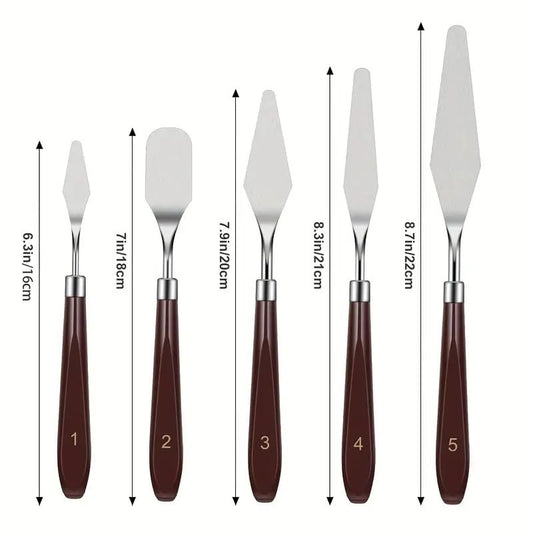 PUFUAII 5 PCS Painting Knives Stainless Steel Spatula Palette Knife Oil Painting Accessories Color Mixing Set for Oil, Canvas, Acrylic Painting (drak brown) - color: Brown