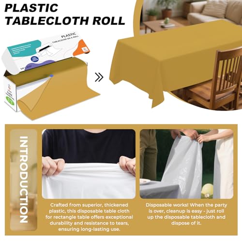 54IN X 320FT Plastic Table Cover Roll with Cutter Box, Cut to Size Plastic Table Cloths for Parties, Birthday, (Gold, 54"x3840"(Rectangular)) - color: Gold, size: 3840" x 54" (Rectangular)