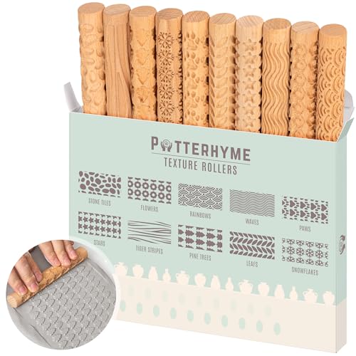 Clay Texture Rollers - 10 Wooden Pottery Stamp Rollers For Ceramics - color: Regular