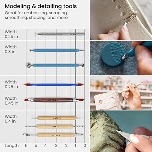 ARTEZA Pottery & Polymer Clay Tools, 22-Piece Sculpting Set, Steel Tip Tools with Wooden Handles, Craft Kit for Modeling, Carving - size: Set of 22