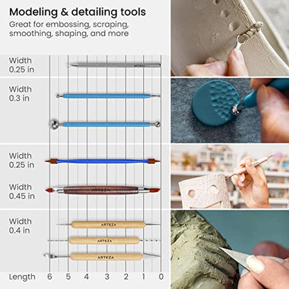 ARTEZA Pottery & Polymer Clay Tools, 22-Piece Sculpting Set, Steel Tip Tools with Wooden Handles, Craft Kit for Modeling, Carving - size: Set of 22