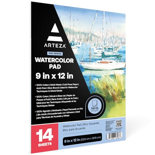 ARTEZA Watercolor Paper, 14 Sheets, 9x12 Inches Water Color Paper, 140lb/300gsm, 100% Cotton, Cold Press, Acid Free Art Paper - style: 14 Sheets (Cold-Pressed)