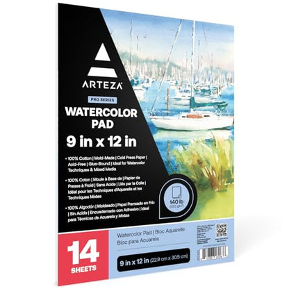 ARTEZA Watercolor Paper, 14 Sheets, 9x12 Inches Water Color Paper, 140lb/300gsm, 100% Cotton, Cold Press, Acid Free Art Paper - style: 14 Sheets (Cold-Pressed)