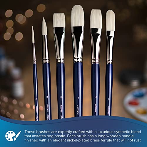 Silver Brush Limited Bristlon Versatile Variety Oil Paintbrush Set, 4pc | Round, Flat, Bright, and Filbert in Size 6, Long Handle, Stiff Fine Point Synthetic Bristle, Lightly Textured Strokes - color: Blue, size: 4 count