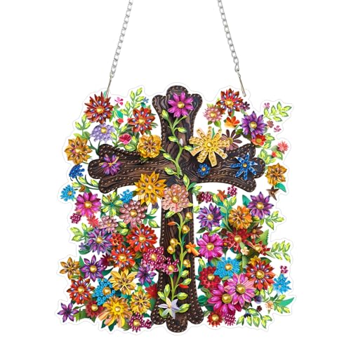 RYMILIE Cross with Flowers Hanging Diamond Art for Adults, Special Shaped Rhinestone, Diamond Painting Pendant DIY Gem Art Wall Hanging Ornament, Acrylic Home Garden Decor with Chain - color: DP03337