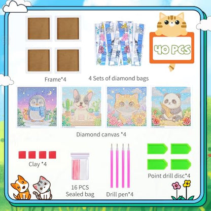 40pcs 5D Cartoon Diamond Painting Kits for Beginners, 6.7 x 6.7 In Cute Animal Diy Diamond Penguin Panda Arts and Crafts for Animal Party Decorations Party Favors Bag Fillers Supplies