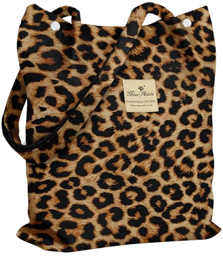 Miss Adola Corduroy Tote Bag for Women with Aesthetic Design | Magnetic Buckle & Pocket, Reusable, Soft, Roomy, Long Shoulder Handles, Double-sided Print, Casual Daily Work, Grocery Bags - color: Leopard Print