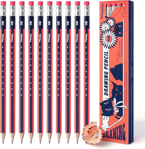 Woomer Premium HB Pencils Set, High-concentration Carbon Core HB Pencil 10 Count, Pre-sharpened with Eraser, Break Resistant Sketching Pencils for Artist, School, Office, Beginners & Artists - color: Black