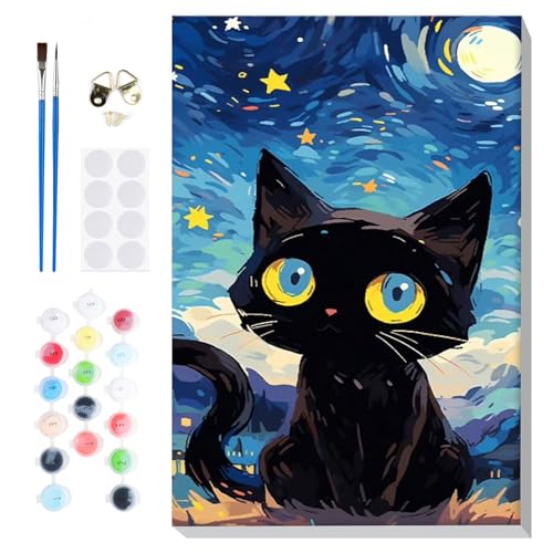 Bowetile Starry Night Cat Paint by Numbers for Adults Beginners Framed, Easy Adults' Paint-by-Number Kits, Adult Paint by Number Kits on Canvas, Acrylic Number Painting for Home Decor, 8x12in - color: Starry Night Cat