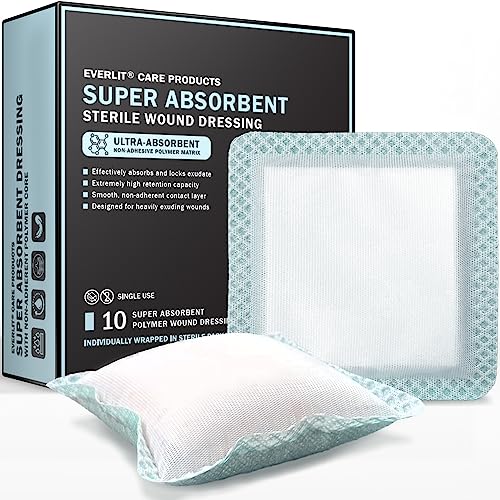 EVERLIT Super Absorbent Dressing for Wound Care | Nonstick Soft Surgical Gauze Pad for Heavily Exuding Wounds | Large Sterile Non-Adhesive Bandage for Fast Healing Wound Care | Pack of 10 (4" x 4") - size: 4" x 4"