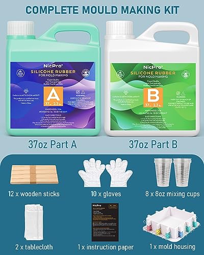 Nicpro 74oz Silicone Mold Making Kit 20A, Platinum Liquid Silicones Rubber | with Molds Housing & Mixing Cups for Mold Maker, Flexible & Food Safe Mix Ratio 1:1 for Casting Resins Jewelry, Craft Molds - size: 74oz