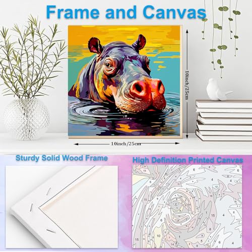 Artunion Framed Paint by Numbers Kit for Adults Beginners & Kids Ages 8-12,Colorful Hippo Paint by Number with Frame,Animal Watercolor Paint by Numbers Kit on Canvas 10 * 10 Inch Without Easel - color: ZXT-389-F