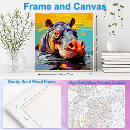 Artunion Framed Paint by Numbers Kit for Adults Beginners & Kids Ages 8-12,Colorful Hippo Paint by Number with Frame,Animal Watercolor Paint by Numbers Kit on Canvas 10 * 10 Inch Without Easel - color: ZXT-389-F