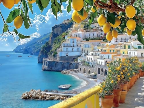 CSZPPQAF Mediterranean Lemon Tree Paint by Numbers for Adults Beginner, Seaside Landscape Paint by Number Kits on Canvas, DIY Oil Painting Watercolor Color by Numbers for Home Wall Decor 12X16inch - color: PB462-1