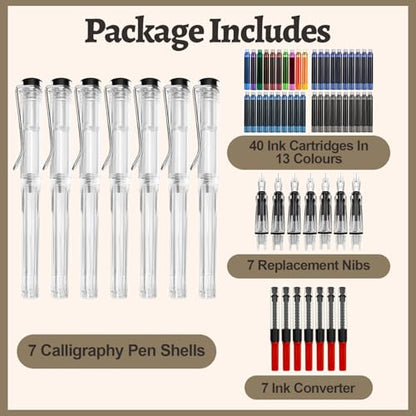 Calligraphy Set, 7 Pcs Fountain Pen with Different Replaceable Nib and 40 Replaceable Ink Cartridge in 11 Color for Beginner Writing and Drawing Calligraphy Kit