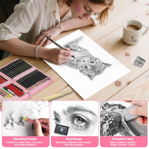 Heshengping, Sketching and Drawing Pencils Set 26pcs, Art Supplies Drawing pencil Kit,Graphite Charcoal Professional Pencils Set, Adults Beginners Artist - style: 26 Pack Sketching Pencils Pink