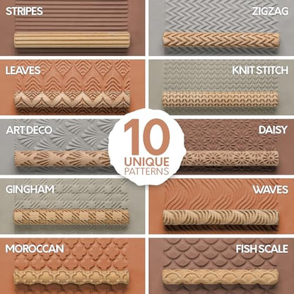 Byllstore Clay Texture Rollers | 10-Pack | 5 in x 0.65 in | Premium Wooden Pottery Tools | Set A - color: 10-Pack | 5" x 0.65" | SET A