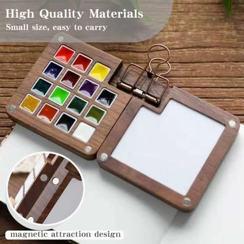 Mini Watercolor Paint Travel Set 15 Grid Palette Wooden Paint Box | Wooden Grid Paint Box with Refillable Water Brush，12 Colors，Wooden Palette，Sketchbook for Kids Painters Students - color: 15 Grid
