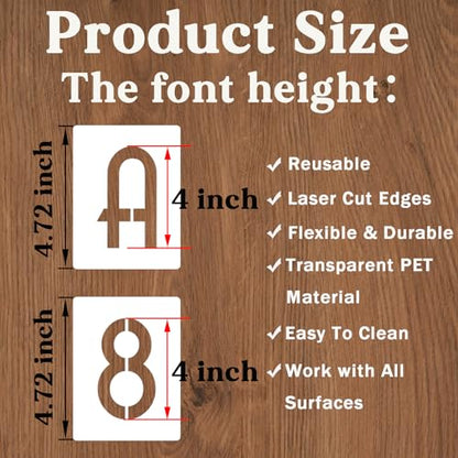 YEAJON 4 Inch Letter Stencils and Numbers, 42 Pcs Alphabet Drawing Stencils, Reusable Plastic Craft Templates for Painting on Wood, Wall, Fabric, Rock, Signage - size: 4 Inch