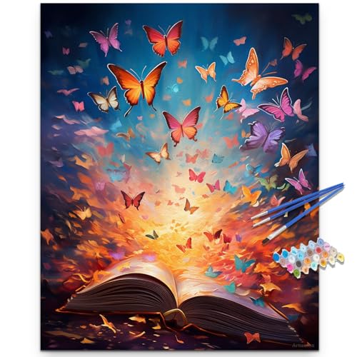 Artunion Book Theme Paint by Numbers Kit for Adults,Butterfly Paint by Number Kits, DIY Oil Painting Paint by Number Kits on Canvas Arts Craft for Home Wall Decor 16x20 Inch - color: ZXT-318