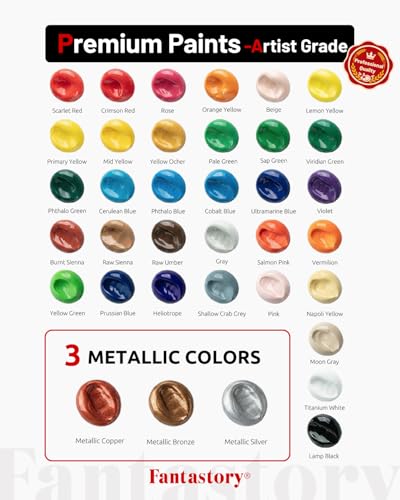 Fantastory 60ml 36 Colors Acrylic Paint Set with 12 Brushes | with 12 Brushes, Chart, Palette, Scraper, Sponge - 3 Metallic, Non-Toxic, Waterproof for Wood, Rock, Canvas, Clay, DIY, 3D - style: 36 popular Colors
