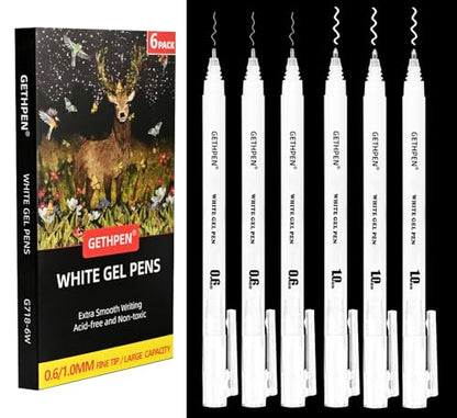 GETHPEN White Gel Pen Set, Opaque Archival Ink 0.6/1.0mm for Black Paper - size: 1 Count (Pack of 6), style: 6 Pack White