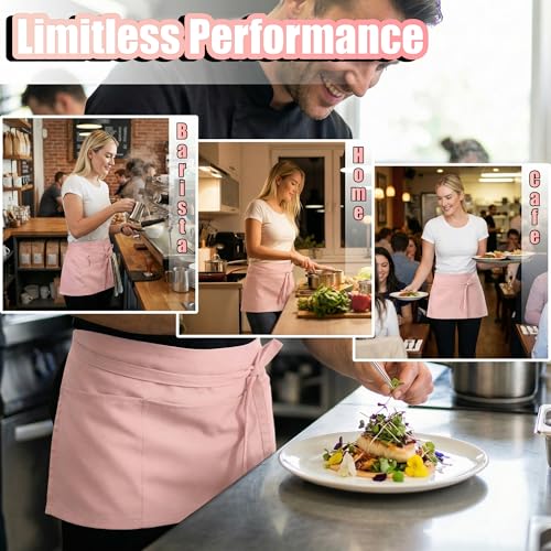 TOSHE Waist Apron 3 Pockets Waterdrop Resistant Cotton Server,Chef,Waitress - color: Powder Pink