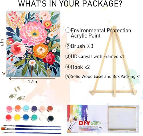 Flowers Paint by Numbers for Adults with Framed Canvas,Paint by Numbers Kits with Wooden Easel Drawing Paintwork,DIY Acrylic Oil Painting Kits with Brushes Gift Box for Home Wall Decor(12x16 Inch) - color: DKH212