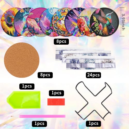 8 Pcs Diamond Art Painting with Holder, DIY Hummingbird Flowers Diamond Art Coasters for Drinks Diamond Art Painting Kits for Beginners, Diamond Craft Supplies for Adults - color: Hummingbird
