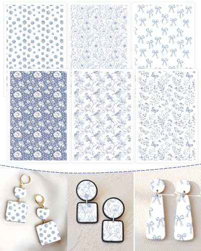Puocaon Blue Flower Transfer Paper - White Blue Floral Transfer Sheets for Polymer Clay Earrings Jewley Making - color: blue white