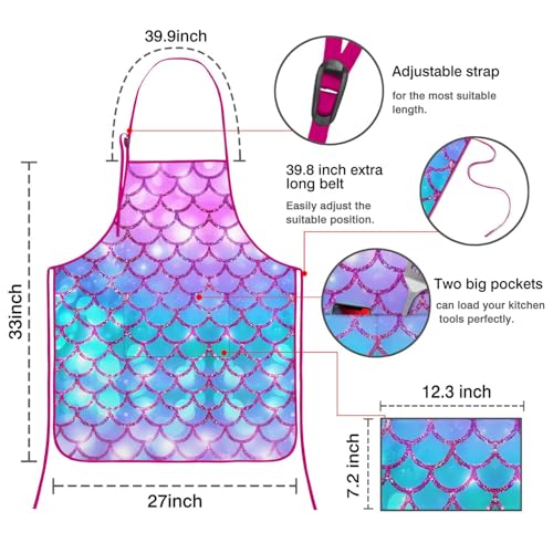 Apron with 2 Pockets,Kitchen Chef Artist Aprons for Cooking Gardening Baking Painting, Waterproof Apron 33" x 27" - color: Mermaid
