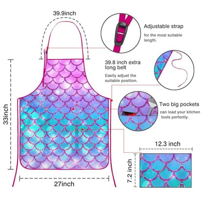 Apron with 2 Pockets,Kitchen Chef Artist Aprons for Cooking Gardening Baking Painting, Waterproof Apron 33" x 27" - color: Mermaid