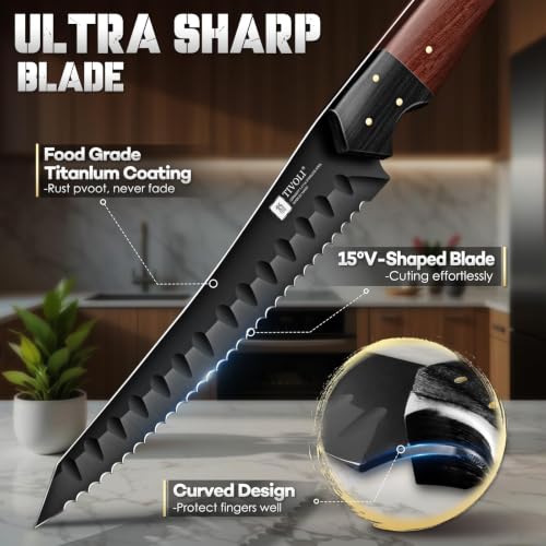 TIVOLI Serrated Bread Knife 8-inch - Black Bread Knife for Homemade Breads - size: 8.3"