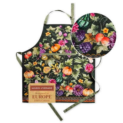 Maison d' Hermine Aprons for women with Pocket 100% Cotton (27.50"x31.50") | Adjustable Neck Strap & long ties Apron Men Chef Wedding Cooking Gardening Server Maid - color: 060 - Pumpkin Garden - Dark Green